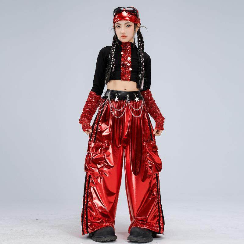 女童爵士舞套装露脐黑红亮片皮裤舞蹈服jazz女孩街舞元旦表演服装,淘宝优惠券,粉丝福利购,淘宝优惠卷