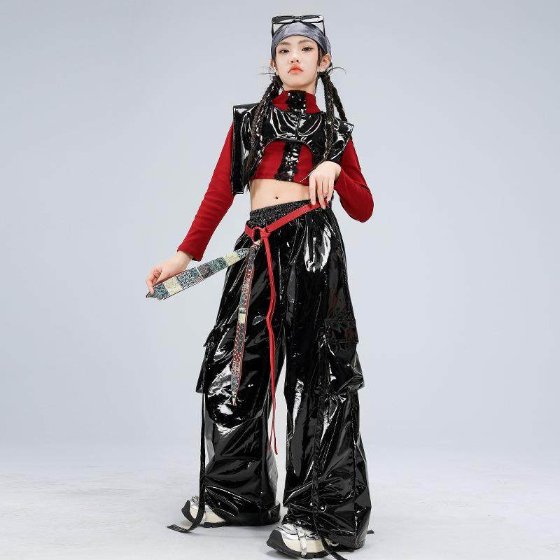 少儿爵士舞服装露脐黑红亮片皮裤套装女童jazz街舞潮服元旦演出服,淘宝优惠券,粉丝福利购,淘宝优惠卷