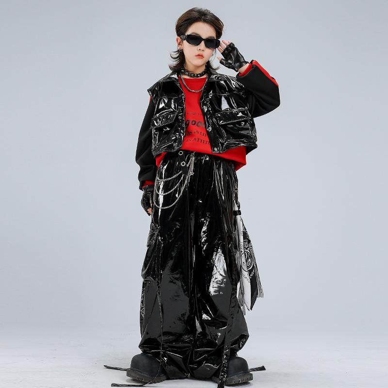 儿童街舞潮服嘻哈男童黑皮裤表演服套装hiphop女童潮装元旦演出服,淘宝优惠券,粉丝福利购,淘宝优惠卷