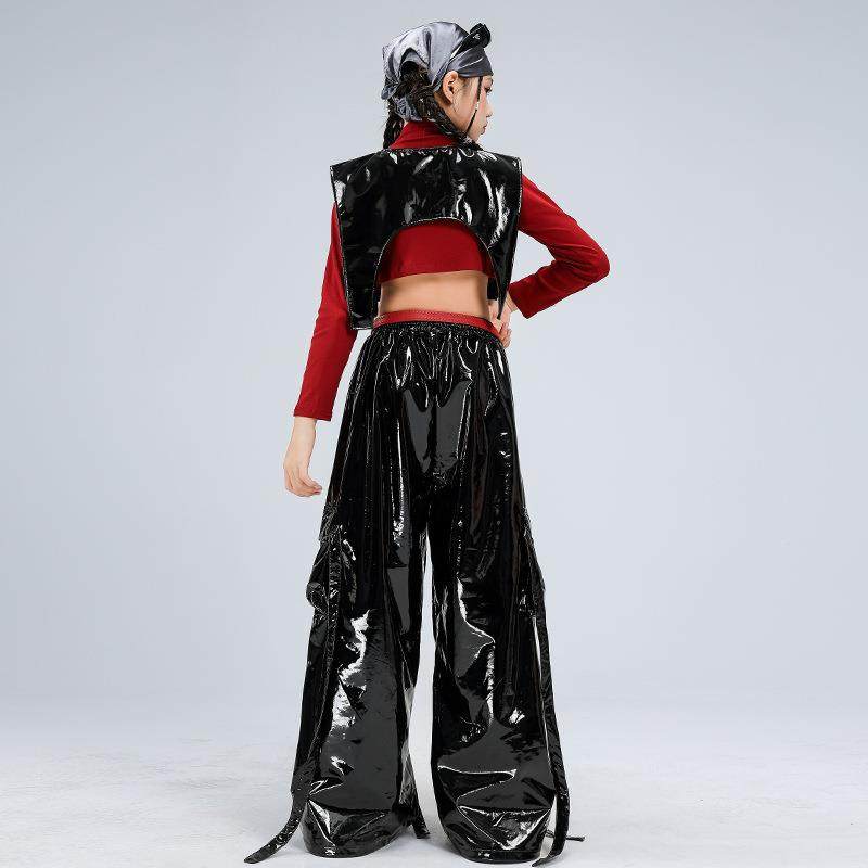 少儿爵士舞服装露脐黑红亮片皮裤套装女童jazz街舞潮服元旦演出服,淘宝优惠券,粉丝福利购,淘宝优惠卷