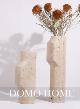 风干花复古几何天然洞石花器样板间软装售楼处简约装饰摆件