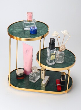 创意轻奢天然大理石电镀金色三层化妆品卫浴收纳架家居饰品工艺品