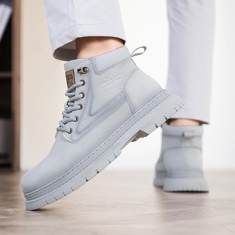 潮牌英伦风时尚覆古马丁靴男士翻毛皮厚底增高中帮短靴高帮工装靴 - 图3