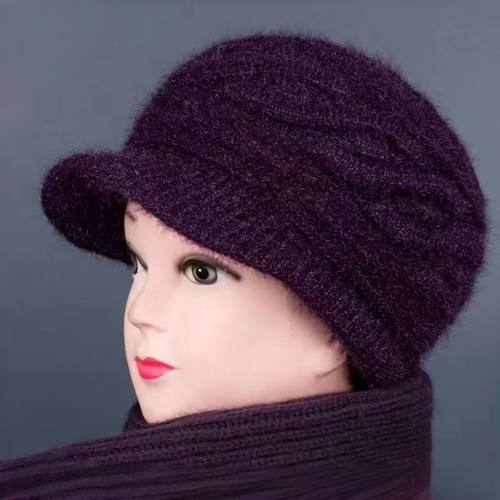 秋冬季贝雷帽女士中老年妈妈帽加绒加厚护耳保暖针织毛线帽子 - 图1