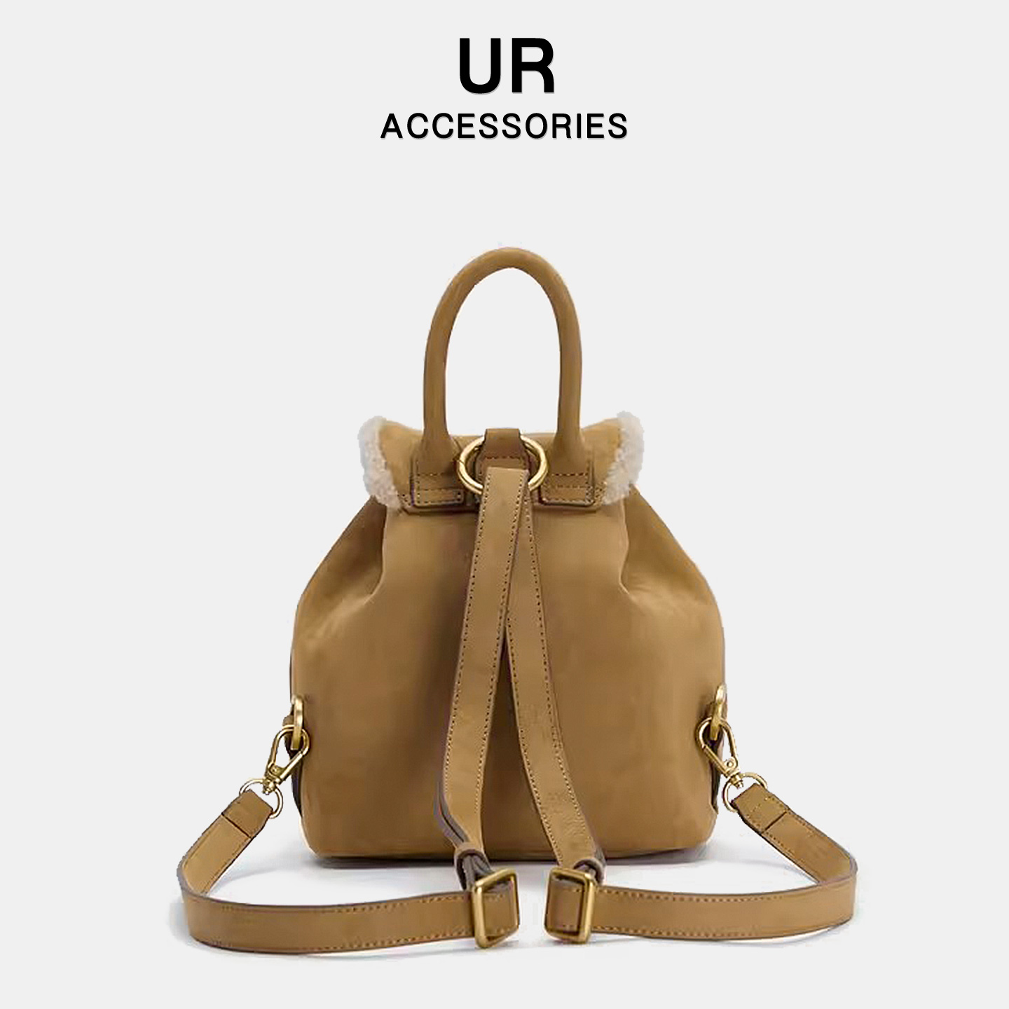 UR小背包2025新款女士秋冬复古麂皮绒双肩包拼接羊羔毛多口袋书包 - 图1