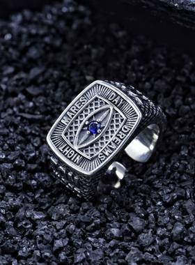 S925纯银蓝锆石上帝之眼男士欧美个性银戒指潮流嘻哈潮牌男食指环