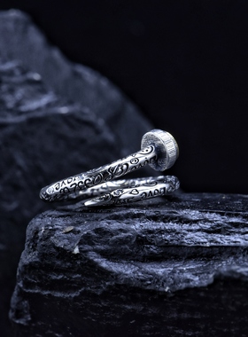 925纯银朋克风格潮牌涂鸦精工笑脸钉子开口戒指男女款食指环情侣