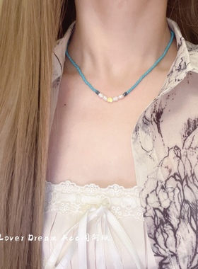 法式新款复古蓝色石头串珠淡水珍珠项气质欧美风民族风锁骨项链