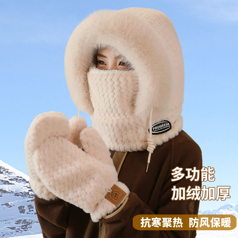 毛绒帽子女围巾一体护颈冬季旅游加绒保暖头套东北防寒骑行包头帽