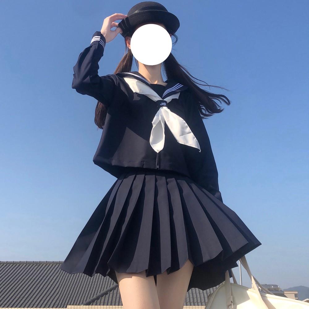 水手服基础款jk制服套装日系中间服基础款绀色jk水手服百褶短裙套 - 图1