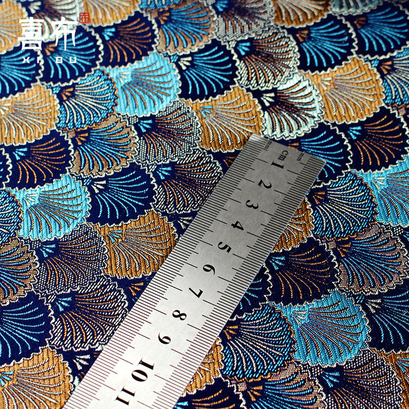织锦缎缎面料口金包提花桌布diy手帐茶垫布艺荷包贝壳海洋 蓝布料