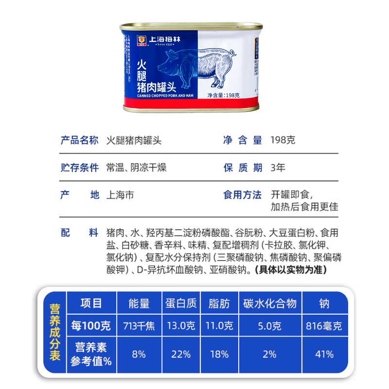 上海梅林小白猪火腿猪肉罐头食品198g即食速食三明治火锅午餐肉 - 图3