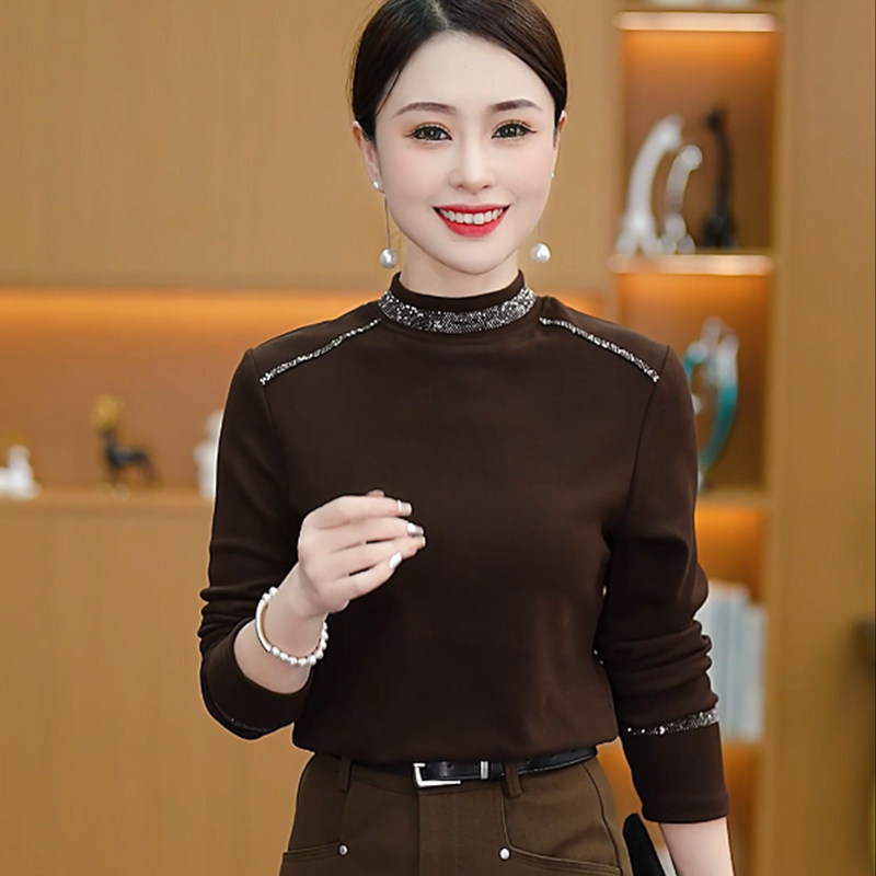 双面德绒半高领打底衫女2025新款大码秋冬内搭长袖烫钻洋气上衣,淘宝优惠券,粉丝福利购,淘宝优惠卷