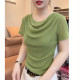 Summer French light pile luxury collar mesh bright silk T-shirt short-sleeved waist slim shirt design top
