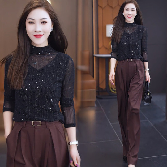 秋季新款半高领网纱打底衫女内搭时尚百搭小衫设计感显瘦洋气上衣