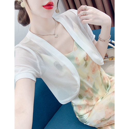 冰丝短袖透气开衫女夏季披肩短款高腰小坎肩吊带裙外搭薄外套罩衫 - 图1