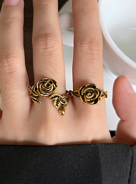 不掉色古金山茶玫瑰开口叠口戒指