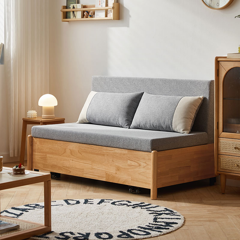 林氏家居新款北欧原木风实木沙发床客厅小户型折叠两用抽拉伸缩床