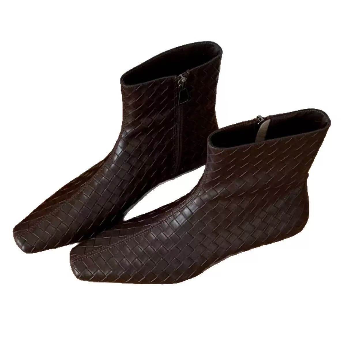 2025年秋冬季新款韩版方头编织宽松套筒坡跟短靴女低跟鞋时装靴,淘宝优惠券,粉丝福利购,淘宝优惠卷