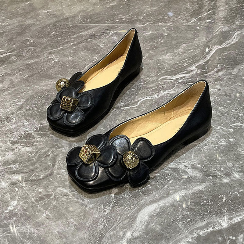 巨软真皮平底瓢鞋方头小皮鞋花朵浅口单鞋女百搭软底奶奶鞋豆豆鞋