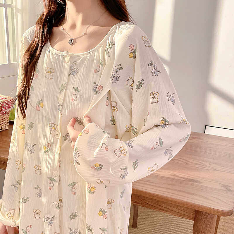 春夏季薄款带胸垫月子服纯棉皱布产后哺乳大码孕妇睡衣怀孕期家居