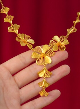 中国风金色花朵镂空项链三生有幸
