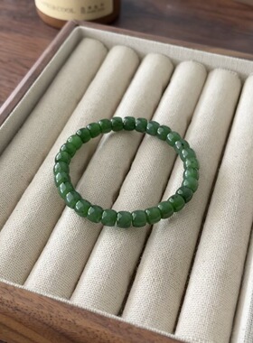 天然和田玉俄料辣阳绿直切桶珠卡7mm玉石素圈手串手链简约潮流
