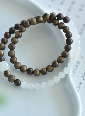 天然和田玉6mm白玉文莱沉香檀木手链女款玉石手串手饰玉坠挂件