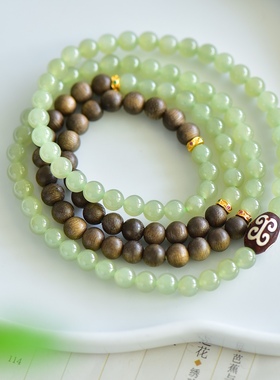 天然和田玉6mm晴水沉香檀木多宝圆珠手链女款玉石手串饰玉坠挂件