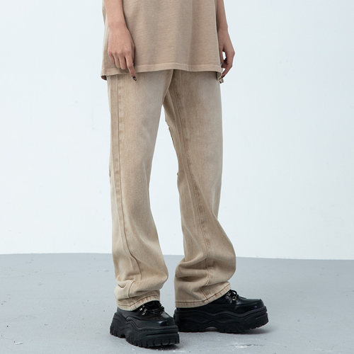 罗一舟同款XINYINSU新因素高街水洗牛仔裤后背六口袋灰色直筒长裤 - 图2