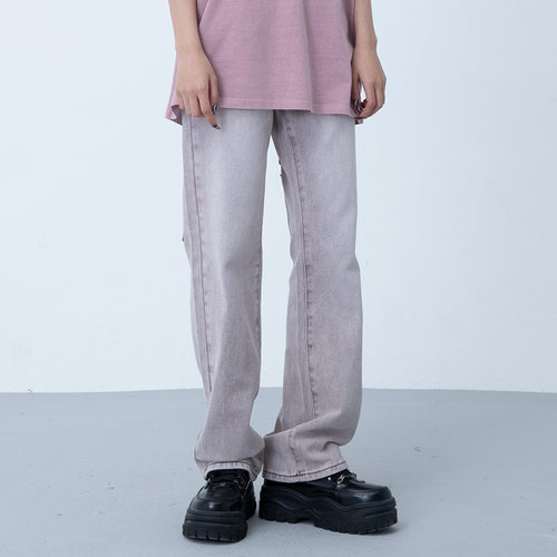 罗一舟同款XINYINSU新因素高街水洗牛仔裤后背六口袋灰色直筒长裤 - 图1