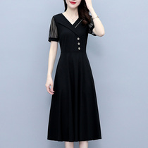 Large size womens dress 2022 Summer new fat mm Belly Button Slim Temperament Fashion Black Heben Wind Dress