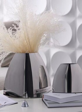 现代极简轻奢不锈钢插花器摆件家居客厅电视柜桌面花瓶几何形状