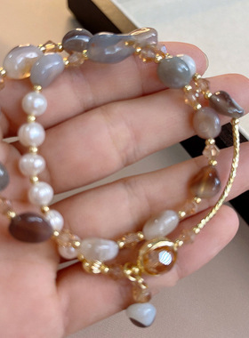 国潮气质珍珠水晶玉石双圈手链小众个性手环时尚高级感手饰女