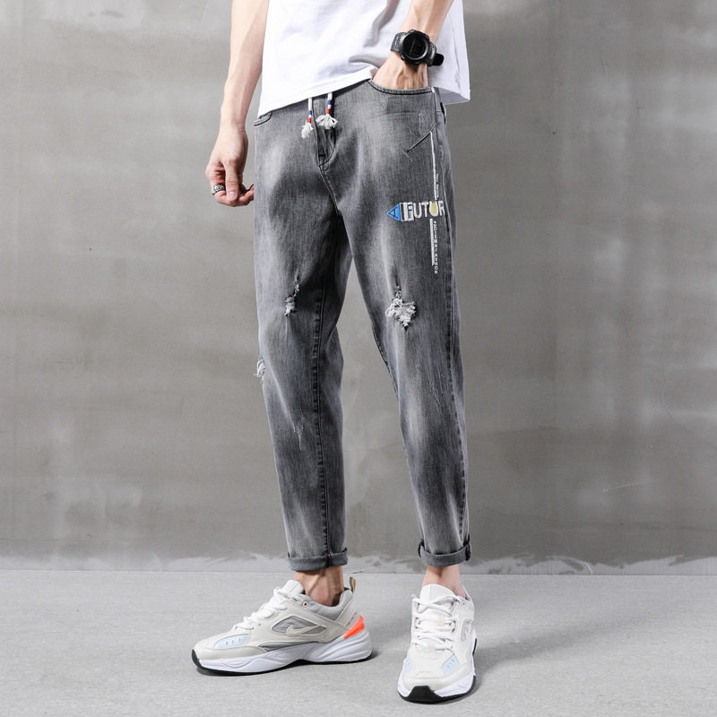 夏天高中学生九八分帅气破洞牛仔裤 宾朗图牛仔裤