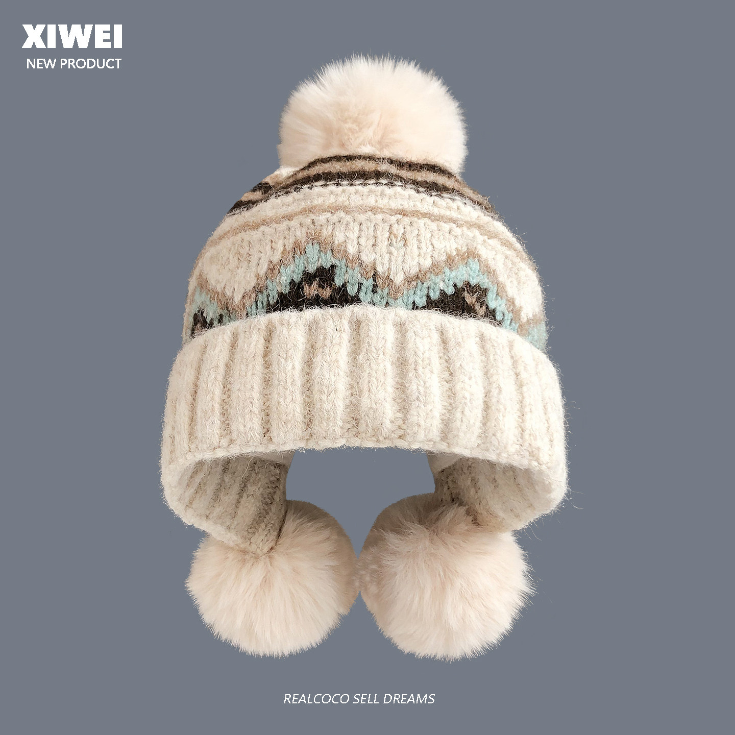 冬季复古毛线帽女加厚保暖护耳帽费尔岛风防寒可爱毛球针织雷锋帽,淘宝优惠券,粉丝福利购,淘宝优惠卷