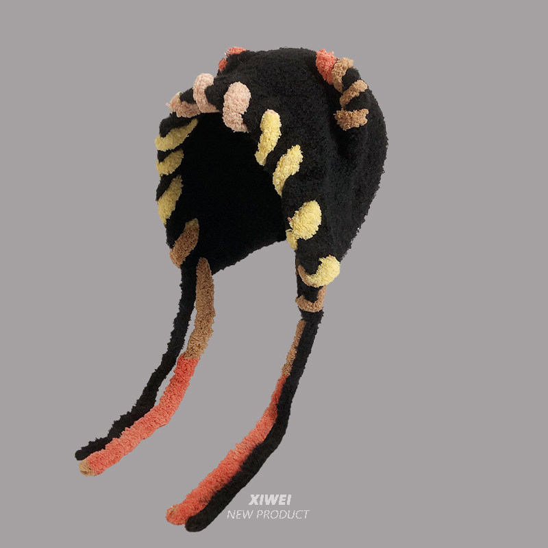 多巴胺猫耳朵毛绒帽女秋冬显脸小针织包头帽秋冬保辫子护耳毛线帽