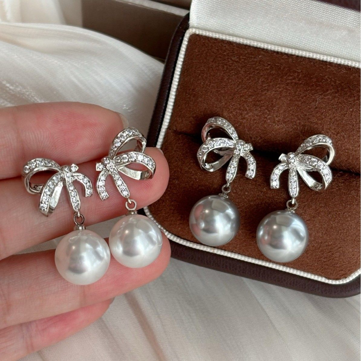 s925银针耳环满钻法式蝴蝶结耳钉女轻奢高级感施家珍珠秋冬耳饰,淘宝优惠券,粉丝福利购,淘宝优惠卷