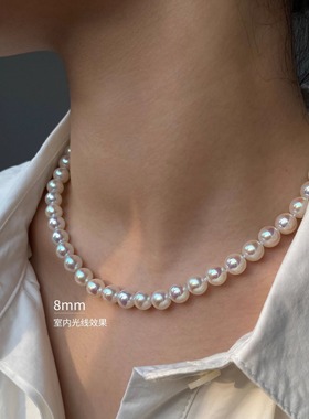 s925纯银元宝扣极光镜面珍珠项链女人造仿马贝粉光天女珠锁骨颈链