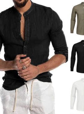 New Men's Casual Blouse Cotton Linen Shirt Loose Tops Sh