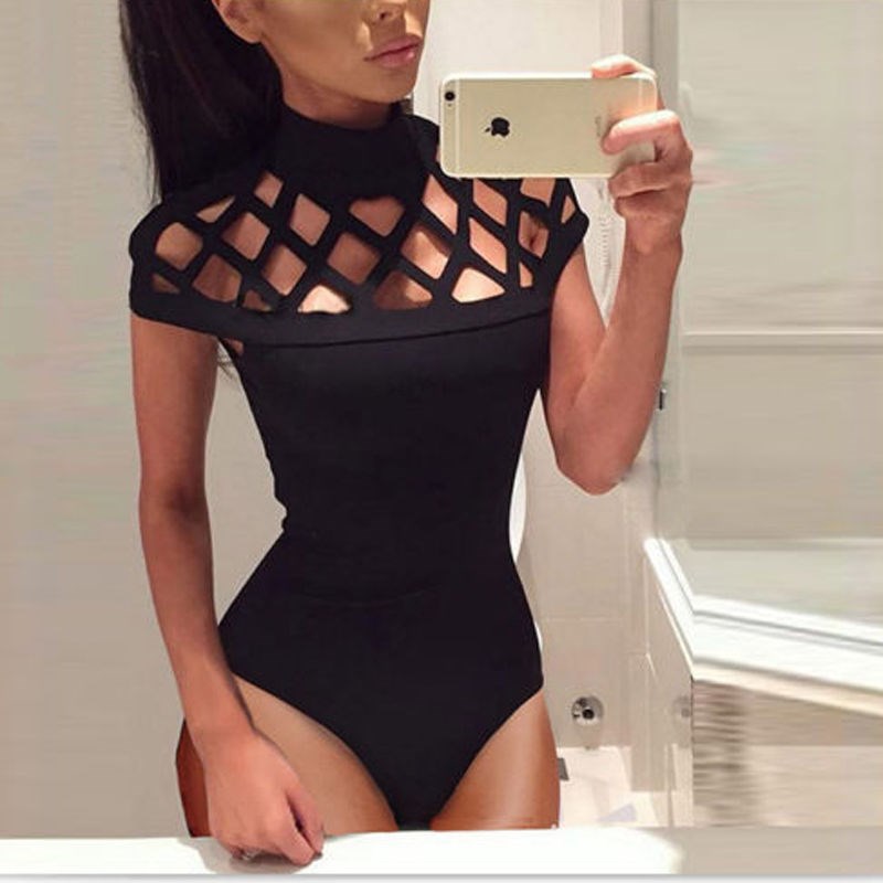 New Women's Hollow Bodysuit Ladies Leotard Bodycon Tops T sh-图1