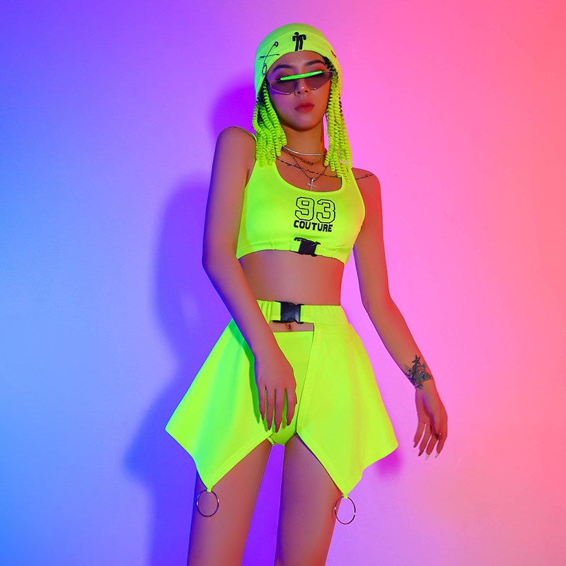 New Jazz Dance Costume Women Hip Hop Fluorescent Green Outfi - 图1