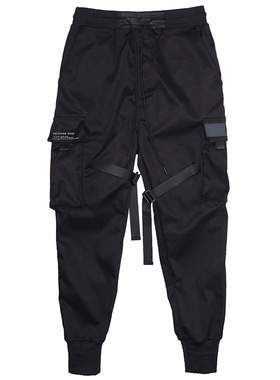 Men's Cargo Harem Pants Ribbons Black Side Pockets H