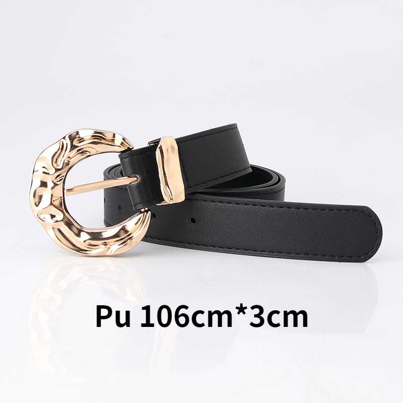 New Round Gold Buckle Pu Belt Women Fashion Shiny Pin Buckle - 图0