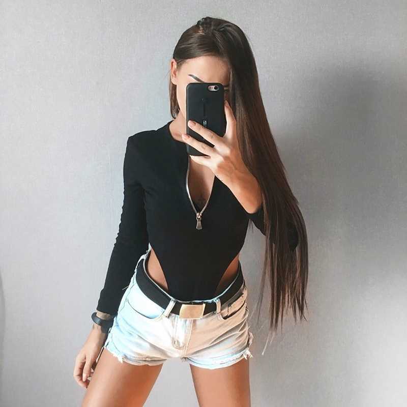 Women Long Sleeve Black Bodysuit Leotard Tops Bodycon Zipper-图0