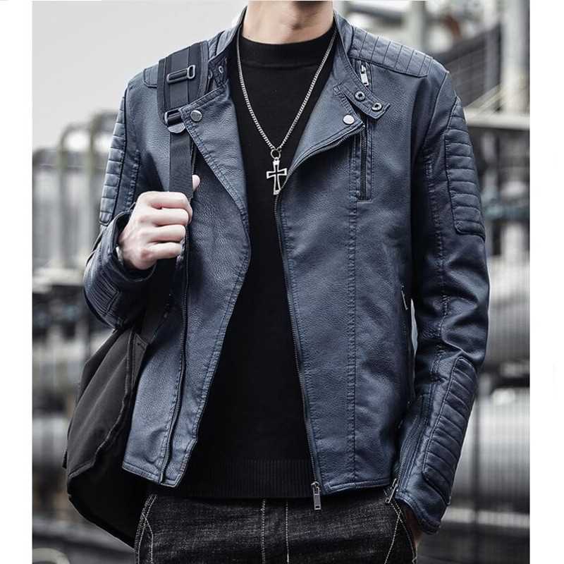 Brand clothing Men Slim Fit Jacket Fashion Solid Color Motor-图0