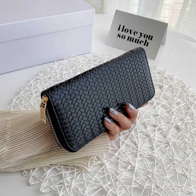 2022 Women Weave Wallet Leather Wrist Handle Phone Case Long - 图2