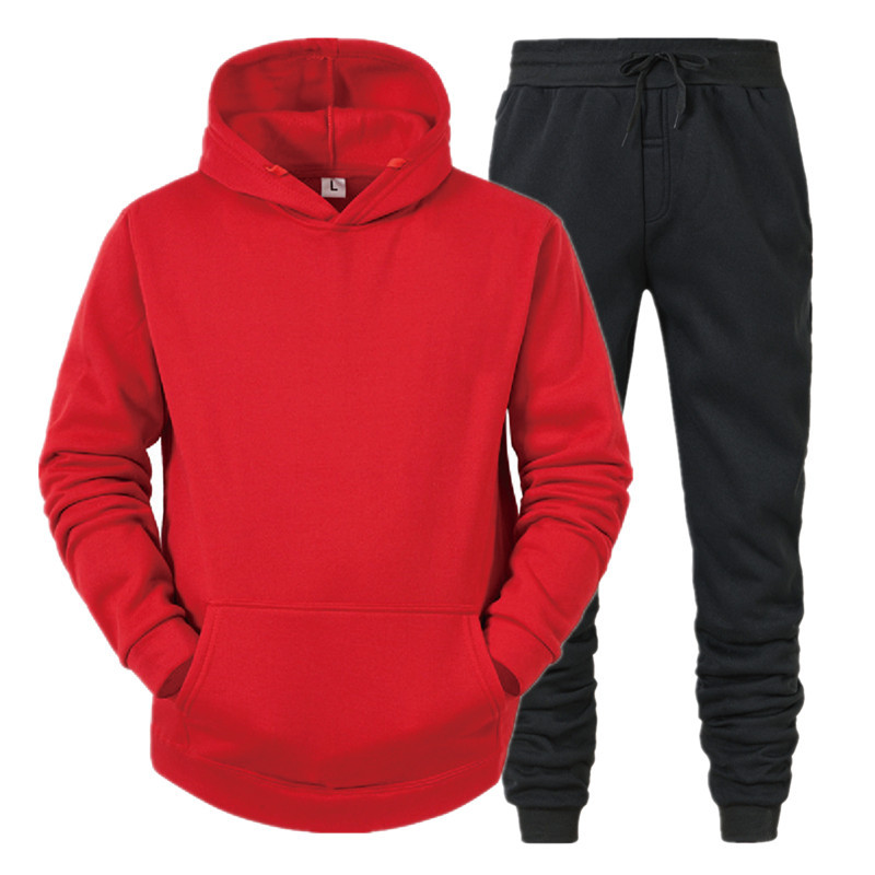 Men's Sets Hoodies+Pants Fleece Tracksuits Solid Pullove-图2