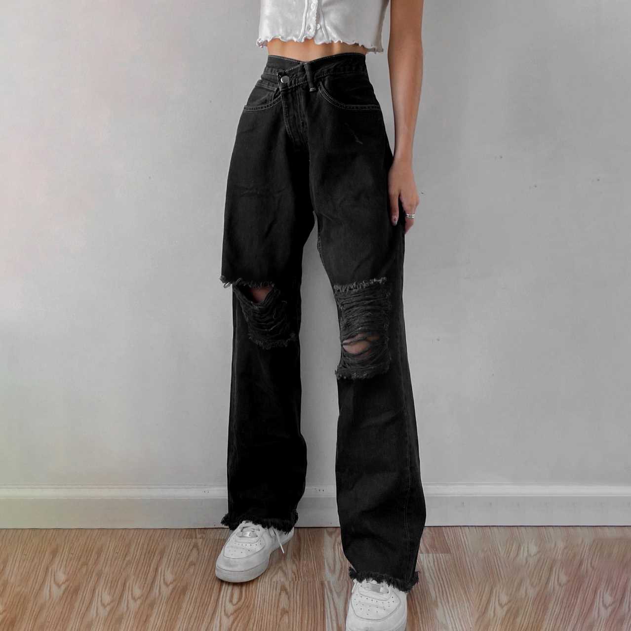 High-Rise Women's Jeans Y2K High Street Distressed Denim - 图2