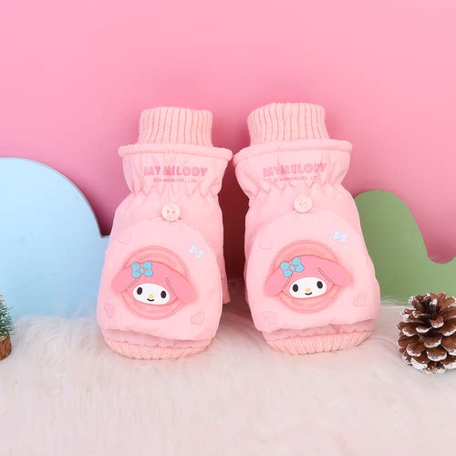 正版冬季儿童成人翻盖两用加绒加厚库洛米美乐蒂防寒防风保暖手套 - 图1